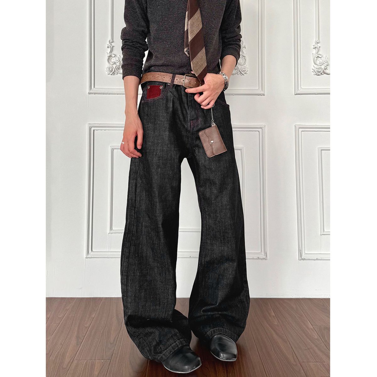 Men's Clothing Redline Men's Raw Denim Jeans Cleanfit Black Flared Pants Loose Fit Wide Leg Straight Cut For Formal & Casual_mkmklike.com