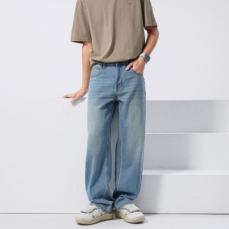 Summer Jeans For Men Clanfit Straight Thin Draped Lyocell Loose Wide-Leg Floor-Length Casual Pants_mkmklike.com