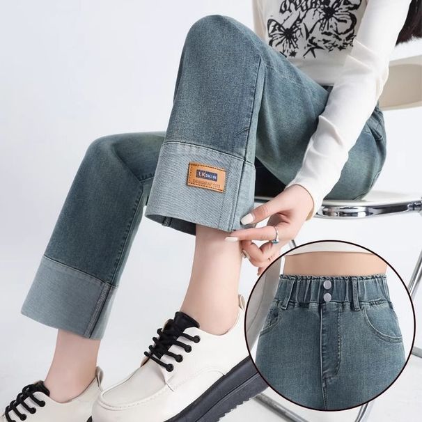 "Plus-Size High-Waisted Flared Jeans – Winter Fleece-Lined Stretch Denim For Women (S-6XL, Relaxed Fit, Elastic Waist, Dark Blue/Light Blue)"_mkmklike.com