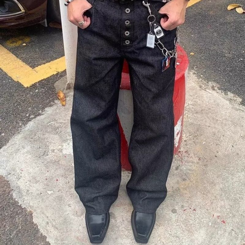 Men's Vintage Black Washed Distressed Wide-Leg Jeans – Oversized Drop-Crotch & Relaxed Fit, Cotton Blend (Sizes S-3xl)_mkmklike.com
