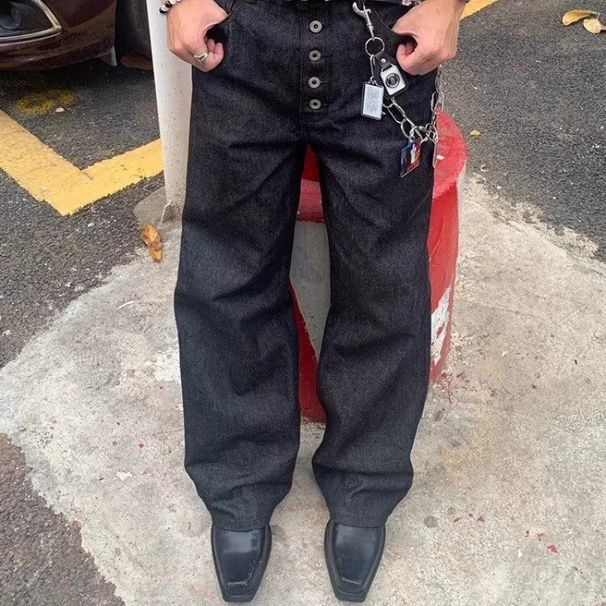 Men's Vintage Black Washed Distressed Wide-Leg Jeans – Oversized Drop-Crotch & Relaxed Fit, Cotton Blend (Sizes S-3xl)_mkmklike.com