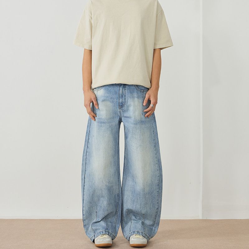 Men's Clothing Retro Washed Light Color Heavyweight Curved Jeans Men's Wear Archer0603 Unisex Versatile Trendy Wide Leg Trousers_mkmklike.com