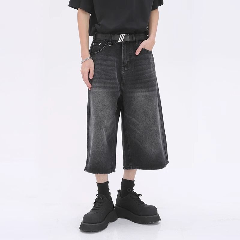 Men's Washed Retro Denim Shorts Summer Thin Loose Straight Leg High Street Style Trendy And Cool Cropped Pants_mkmklike.com