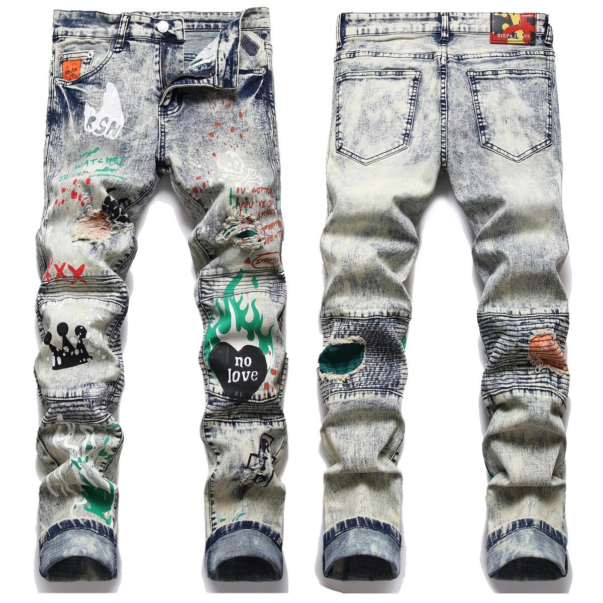 New In-Stock Foreign Trade Style Youth Trend High Street Slim Fit Stretch Ripped Printed Patchwork Men's Denim Pants_mkmklike.com