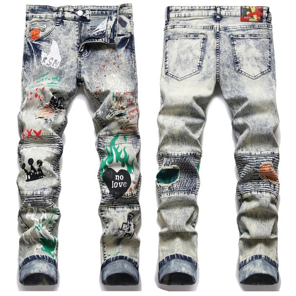 New In-Stock Foreign Trade Style Youth Trend High Street Slim Fit Stretch Ripped Printed Patchwork Men's Denim Pants_mkmklike.com