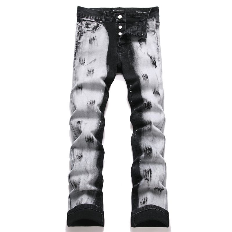 Men's Paint-Splatter Flared Jeans – Stretch Slim Fit Denim Pants With Distressed Print (28-38, Black)_mkmklike.com