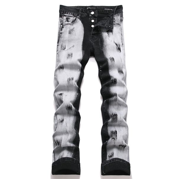 Men's Paint-Splatter Flared Jeans – Stretch Slim Fit Denim Pants With Distressed Print (28-38, Black)_mkmklike.com