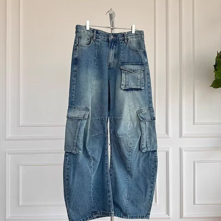 Multi-Pocket Cargo Jeans – Men’s Wide-Leg Denim Pants With Patchwork Detailing (Distressed Washed, Zip Fly, Vintage Aesthetic)_mkmklike.com