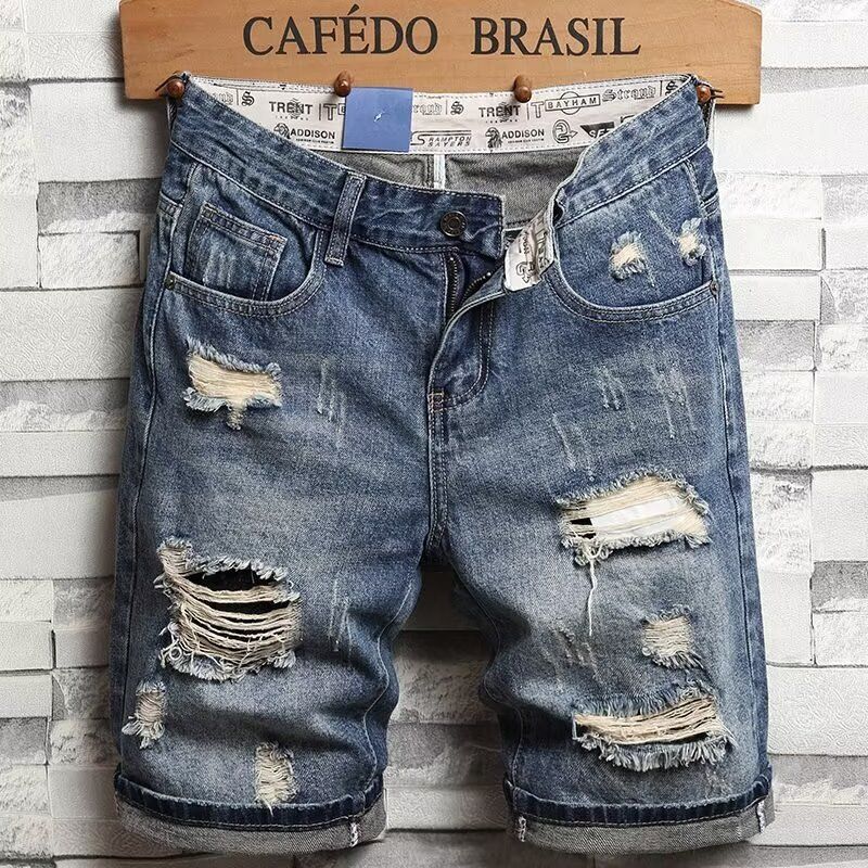 Men's Clothing Summer Vintage Ripped Short Jeans Streetwear Fashion Straight Slim Fit Denim Shorts_mkmklike.com