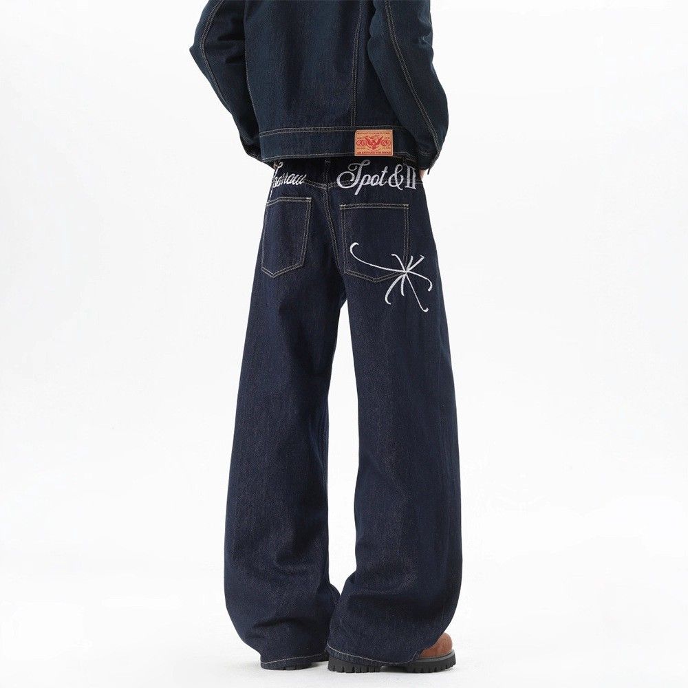 Plus Size High Waisted Straight Leg Jeans – Minimalist Embroidered Denim Pants For Women (Blue)_mkmklike.com