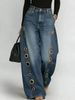 Women's Loose Fit Denim Jeans With Metal Grommet Details - Vintage Washed Blue & Black High-Rise Wide Leg Trousers For Casual Style_mkmklike.com