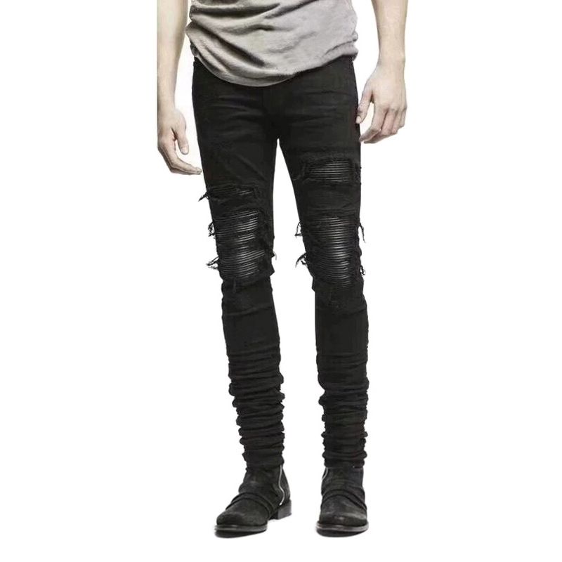 Men's Clothing Black Leather Wrinkled Motorcycle Jeans Men's Ripped Jeans High Street Pants Men's Tight Elastic Slim Long_mkmklike.com