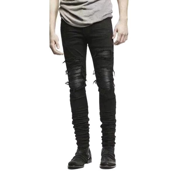 Men's Clothing Black Leather Wrinkled Motorcycle Jeans Men's Ripped Jeans High Street Pants Men's Tight Elastic Slim Long_mkmklike.com