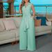 Women's Clothing women's elegant shirt collar sleeveless solid color zipper strap wide leg jumpsuit_mkmklike.com