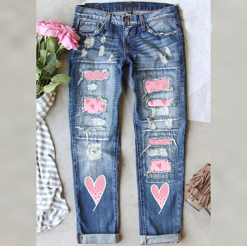 Women's clothing Women's Valentine's Day Elements Women's Denim Print Loose High Waist Pocket Straight Pants_mkmklike.com