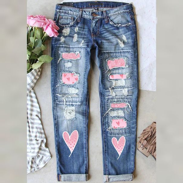Women's clothing Women's Valentine's Day Elements Women's Denim Print Loose High Waist Pocket Straight Pants_mkmklike.com
