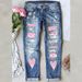 Women's clothing Women's Valentine's Day Elements Women's Denim Print Loose High Waist Pocket Straight Pants_mkmklike.com
