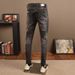 Men's Distressed Black/Gray Slim Fit Jeans – Stretch Denim With Ripped & Patched Details, Straight Leg Casual Pants_mkmklike.com