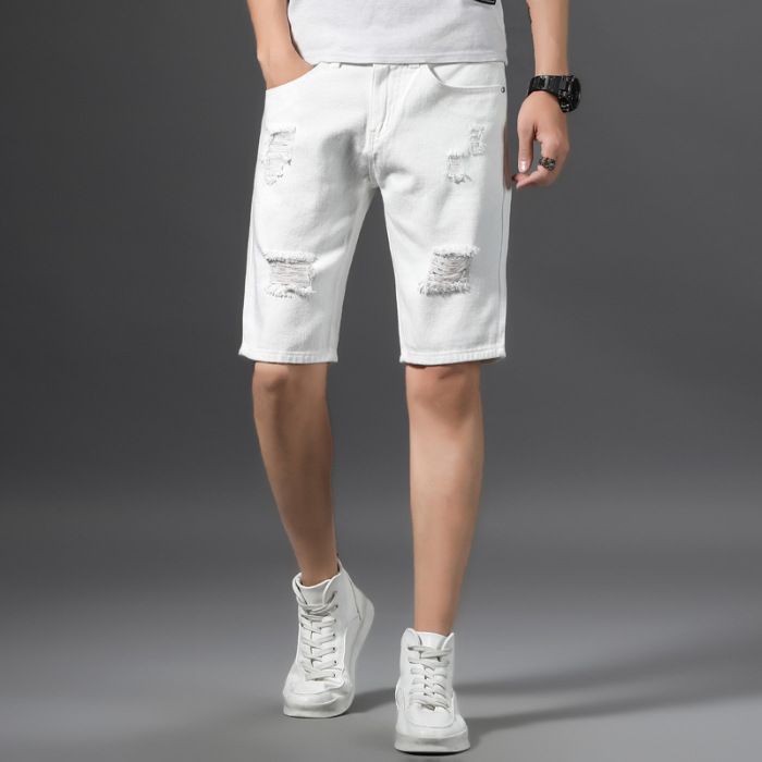 Men's Clothing White Ripped Denim Shorts Men's Straight Pants Trendy Brand Ins Shorts Slim Breeches_mkmklike.com