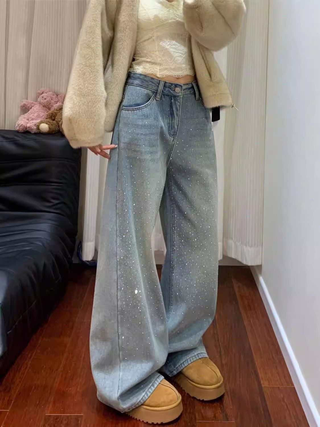 Gypsophila Rhinestone Heavy Craft Jeans For Women, Autumn And Winter Design, Loose Straight Wide-Leg Slimming Pants With_mkmklike.com