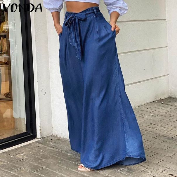Women's Clothing Elegant Lace Up High Waist Wide Leg Pants Casual Denim Trousers_mkmklike.com