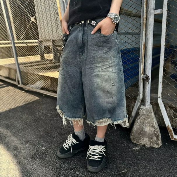 Men's Summer High Street Style Distressed Mud-Dyed Fringed Denim Capri Shorts American Street Style_mkmklike.com