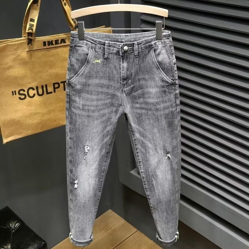 High End Slim Straight Leg Men's Jeans Stretchy Trendy Smoky Gray Printed Trousers For Spring Autumn Versatile Washed Look_mkmklike.com