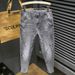 High End Slim Straight Leg Men's Jeans Stretchy Trendy Smoky Gray Printed Trousers For Spring Autumn Versatile Washed Look_mkmklike.com