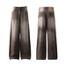 Vintage Washed Brown Wide-Leg Jeans For Men & Women – Retro Wave Pattern, Relaxed Fit, Straight Leg Denim Pants_mkmklike.com