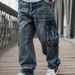 Washed Side Pockets Loose Fit Blue Straight Wide Leg Casual Denim Mens Baggy Cargo Jeans Pants For Men_mkmklike.com