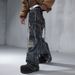 Trendy Men's Relaxed Fit Straight Leg Jeans - Dark Blue Washed With Faux Ripped & Graffiti Details_mkmklike.com