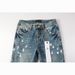 American Men's High Street Distressed Classical Blue Graffiti Stretch Skinny Button Fly Ripped Jeans Pants_mkmklike.com