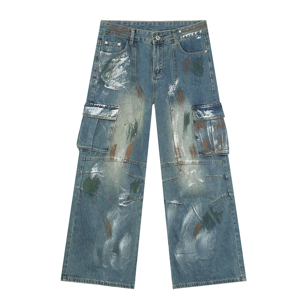 Men's Clothing Winter Hand Painted Graffiti Heavy Industry Multi Pocket Work Jeans_mkmklike.com