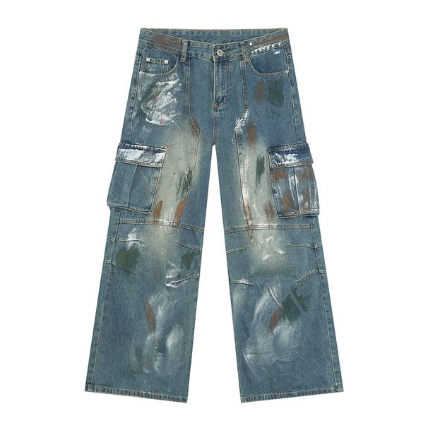 Men's Clothing Winter Hand Painted Graffiti Heavy Industry Multi Pocket Work Jeans_mkmklike.com
