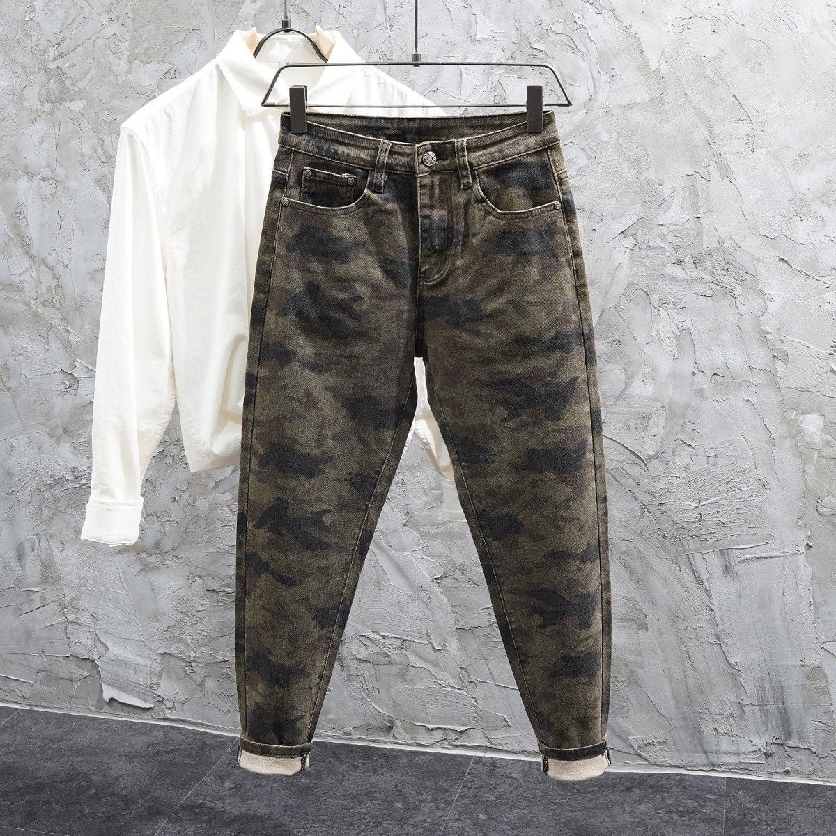Men's Camo Skinny Jeans – Stretch Fit, Washed Denim, Military-Inspired Streetwear Pants With Multi-Pockets (Sizes 27-36)_mkmklike.com