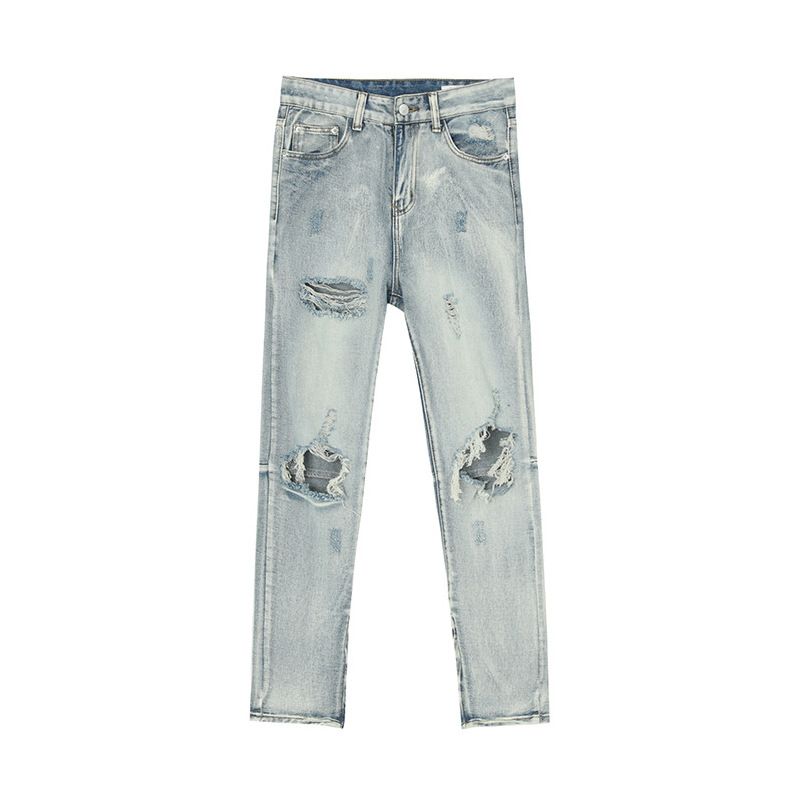 Spot EF Denim | Korean Version Of High Street Light Blue Washed Thin Feet Zipper Split Jeans Knee Holes_mkmklike.com