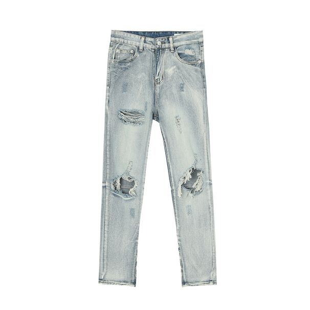 Spot EF Denim | Korean Version Of High Street Light Blue Washed Thin Feet Zipper Split Jeans Knee Holes_mkmklike.com