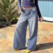Women's Clothing High Waisted Jeans, Street Style, Solid Color, Washed Blue, With Pockets, Loose Fit, Wide Leg Pants._mkmklike.com