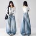 Women's Washed Blue Embroidery Detail Loose Straight Leg Jeans Casual Fashion Office Lady Wide Leg Pants Spring Autumn Retro_mkmklike.com