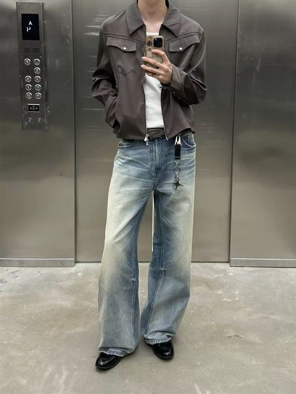 "Unisex A-Line Washed Blue Whiskered Straight Leg Distressed Jeans - Vintage Relaxed Fit Denim Pants With Natural Fading & Urban Street Style"_mkmklike.com