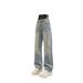 Men's Ripped Straight Leg Jeans Diagonal Cut Loose Fit Summer Style American High Street Trendy Slightly Flared Long Pants_mkmklike.com