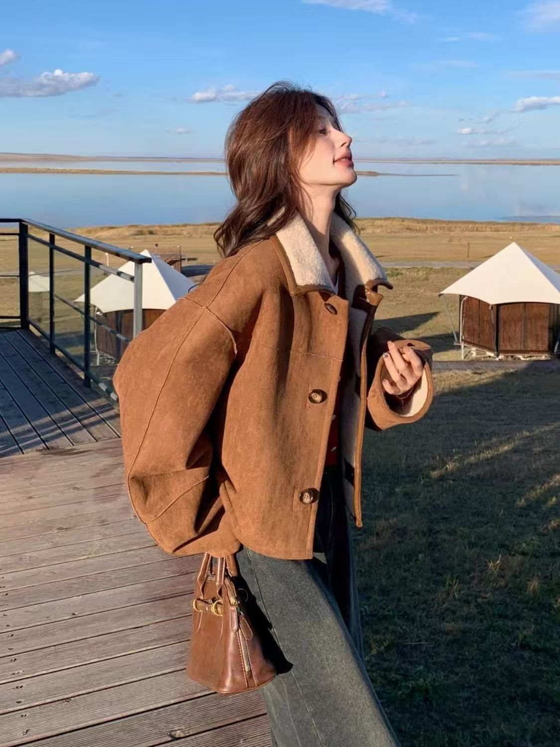 Unisex Double-Sided Vintage Jacket - Autumn/Winter Polo Collar Cropped Coat For Petite Women & Men, Polyester Blend, Café Brown_mkmklike.com