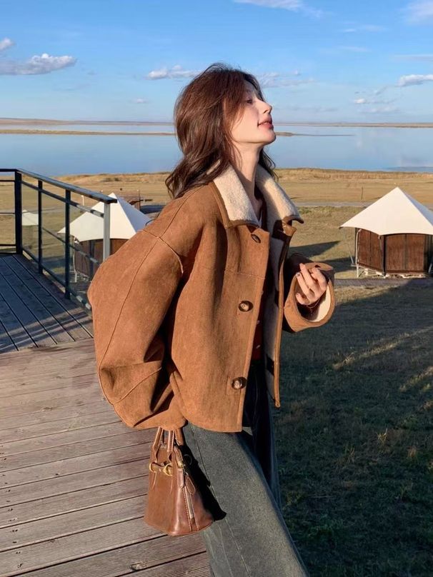 Unisex Double-Sided Vintage Jacket - Autumn/Winter Polo Collar Cropped Coat For Petite Women & Men, Polyester Blend, Café Brown_mkmklike.com