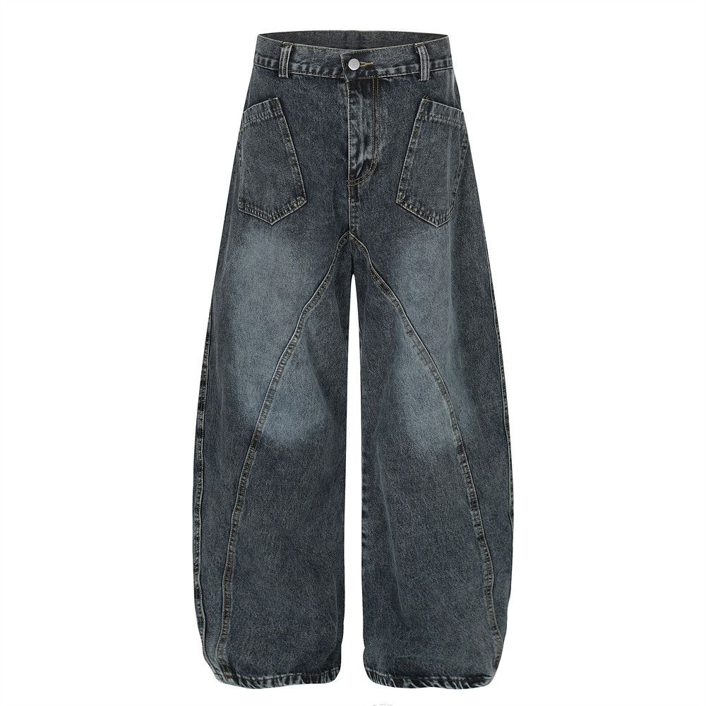 Curved Blade Wide-Leg Jeans Vintage Washed Punk Design Pocket Personality Loose Long Pants Men's Street Fashion_mkmklike.com
