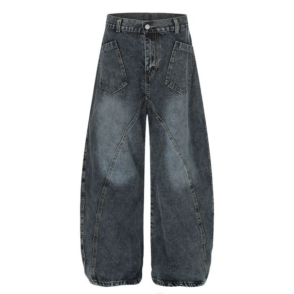 Curved Blade Wide-Leg Jeans Vintage Washed Punk Design Pocket Personality Loose Long Pants Men's Street Fashion_mkmklike.com