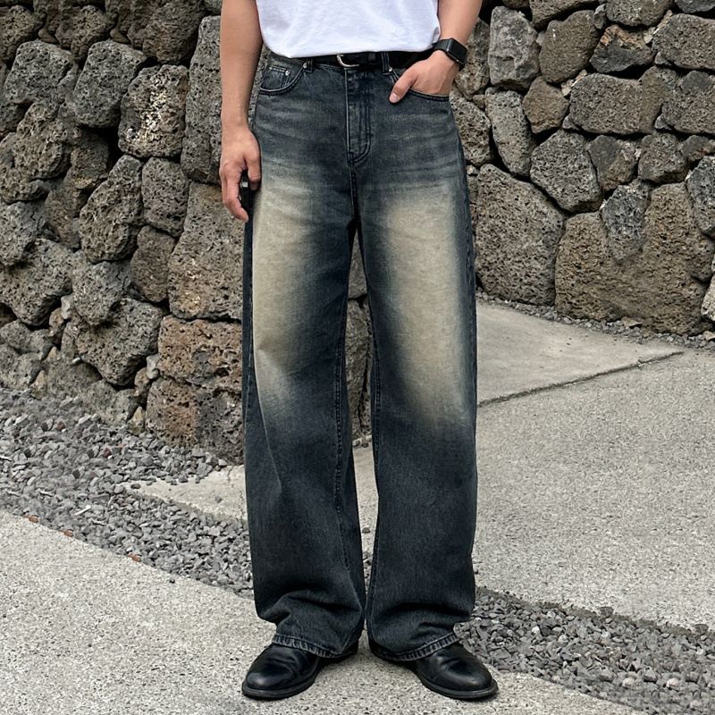 Vintage Washed Blue Straight Leg Jeans For Men – Korean Style Denim Pants For Summer_mkmklike.com