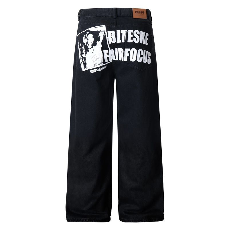 Men's Distressed Character Print Jeans Casual Loose Fit Straight Leg High Street Style For Men And Women_mkmklike.com
