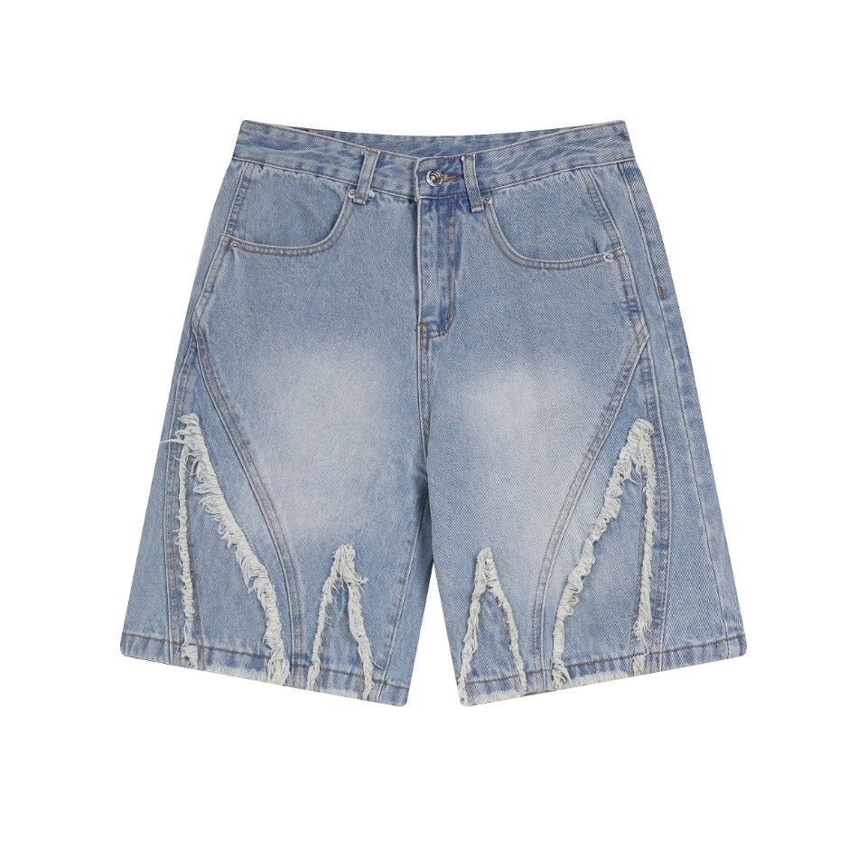 Pure Ripped Denim Men's Trendy American High Street Five-Point Loose Straight Retro Washed Frayed Shorts_mkmklike.com