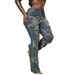 Women's Distressed Flared Jeans Blue Striped Denim Pants High-Waisted Wide Leg Trousers With Fringe Hem Vintage Wash_mkmklike.com