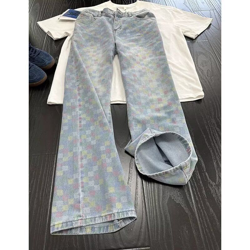 American Retro Color Plaid Jeans Men's High Street Washed Niche Design Vibe Thin Straight And Micro-pull Pants_mkmklike.com
